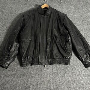 Desert Well Mens Genuine‎ Leather Bomber Jacket Black Zip Front Pockets Size XL